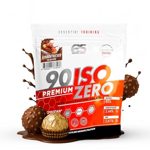 ESSENTIAL NUTRITION ISO 90 Proteína Aislada de Suero | Alta en Proteínas | Baja en Azúcares y Grasas | Ideal para Masa Muscular | Incluye Dosificador (1 kg, Sabor Bombón Chocolate y Avellana)