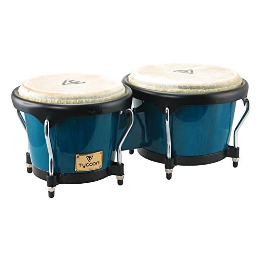 Tycoon Percussion 7" & 8.5" Bongos, Siam Oak Shells, Water Buffalo Heads, Black Powder-Coated Classic-Pro Hoops, Glossy Finish, 5/16" Tuning Lugs w/Wrench, Artist Series, Blue (TB-80BBL)