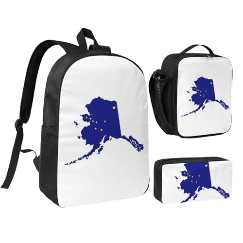 Alaska state Flag Map print Shoulder Bookbags Lunch Bag and Pen Case 17 inches Backpack with Lunch Box, Cute Bookbag Set
