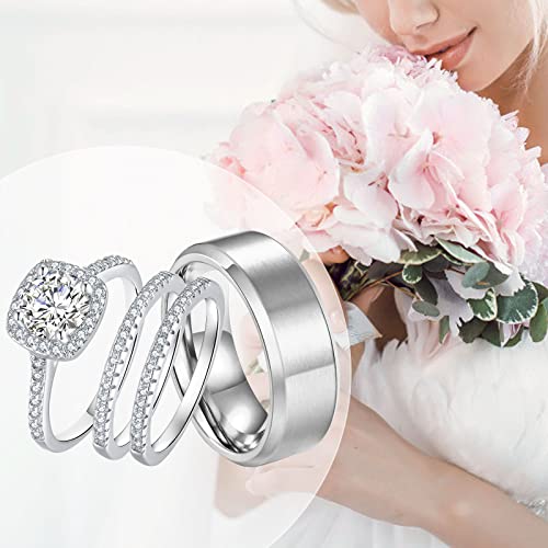 18k White Gold Plated Wedding Ring Sets for Him and Her Womens Mens Titanium Stainless Steel Bands 2Ct Cz Couple Rings2