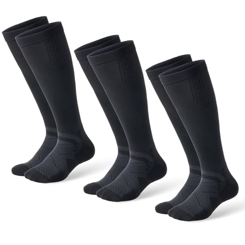 musesox Compression Socks for Women and Men,Knee High 15-20mmHg Graduated Support(3 Pairs) for Nurses,Travel,All Black,Large