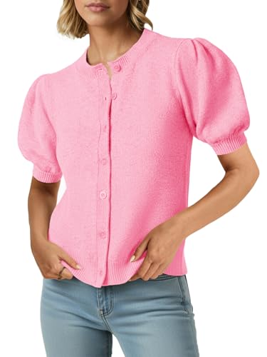 Saodimallsu Womens Puff Short Sleeve Cardigans Casual Summer Button Down Lightweight Knit Crew Neck Sweater Tops Pink