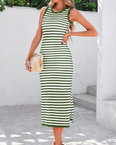Image of Zenlonr Women's Sleeveless Summer Dresses 2025 Casual Crochet Knit Sundress Striped Long Tank Dress Beach Slip Dress