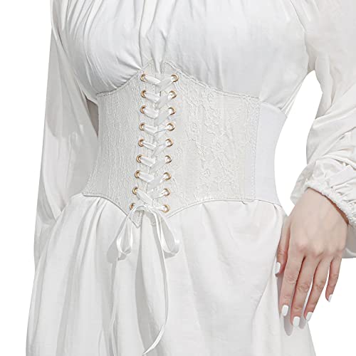 ZJRXM Women's Elastic Stretch Corset Waist Cincher Belt Lace-up Tied Bustier Corset Sheer Mesh Wide Belts Corset Belts White