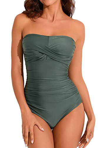 Smismivo Maillot de Bain Bustier Une pièce pour Femme Le contrôle du Ventre Bretelles Amovibles et réglables Bandeau Amincissante Slim Elégant Vintage Ruché Effet Rembourré Swimsuit