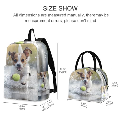 Backpack Lunch Bag Set Dog and Ball Print, Big Storage Travel Backpacks with Insulated Lunch Box for Office Hiking Picnic2