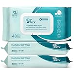 WhyWorry Flushable Wipes for Adults, Extra Large 20x25 cm Flushable Toilet Wipes with Chamomile & Vitamin E, Moist Toilet Tissue, 100% Plant-Based, Septic & Sewer Safe, Unscented, Multipack 144 Count