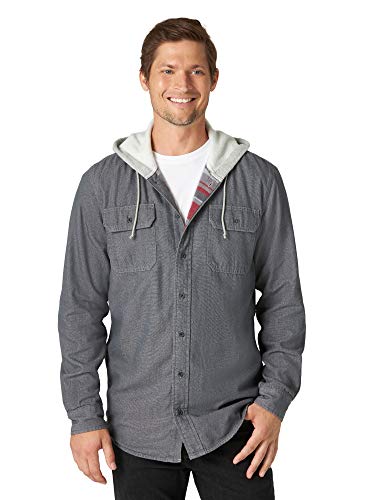 Wrangler Authentics Men's Hooded Flannel Lined Twill Shirt, Grey Denim, Large