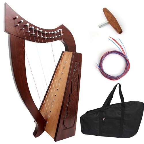 Irish Celtic Harp 12 Strings Musical Tuning Instrument Natural Solid Rosewood Tuning Key Knotwork And Extra Strings Set & Free Key Wrench And Free Carry Bag (Brown 12 String Harp)