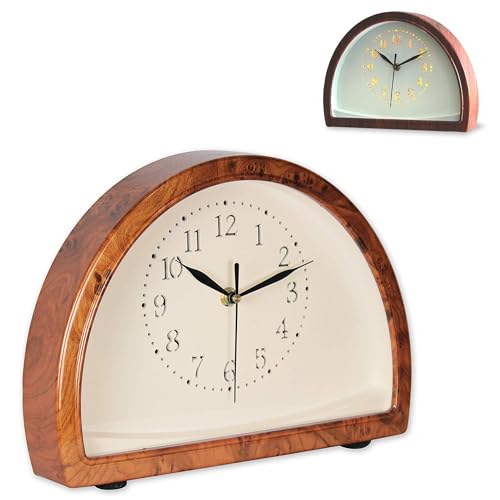 SOLDELA Reloj de sobremesa Estilo Retro - Reloj Despertador analógico con manecillas clásicas - Silencioso y sin Tic TAC - Luz LED por Simple presión - Diseño de Madera - 26 CM