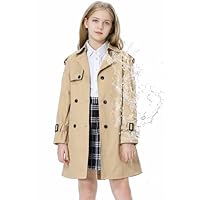 Betusline Girls Trench Coat Double Breasted Classic Lapel Belted Windproof Overcoat Outwear, 2#Khaki, 4-5T = Tag 120