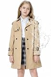 Betusline Girls Trench Coat Double Breasted Classic Lapel Belted Windproof Overcoat Outwear, 2# Khaki, 7-8 Years = Tag 140