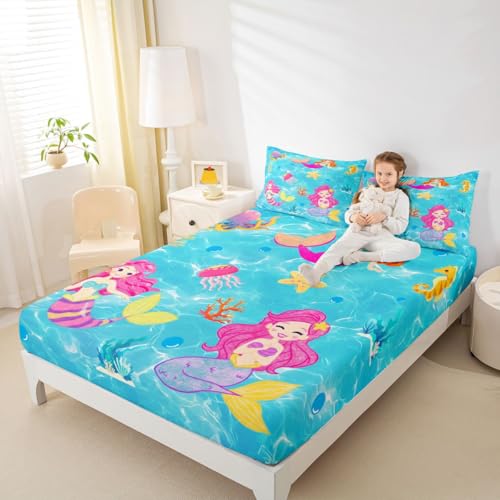 Image of jejeloiu Mermaid Bed Sheets Sets Full Size Kids Boys Girls Tropical Ocean Bedding Set Blue Pink Bed Sheet Set with 16-Inch Deep Pockets Mermaid Tail 4Pcs with 2 Pillow Cases