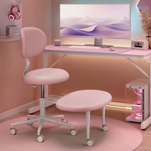 Image of Pinmoco Ergonomic Cross Legged Office Chair with Wheels, ADHD Chair for Adults, Meditation Chair, Yoga Office Chair, Comfortable Back Support, Height Adjustable,Small Spaces, PU Leather, Pink