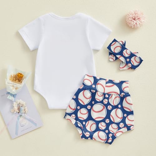 Baby Girl Baseball Outfits Letter Print Short Sleeve Romper Baseball Bummie Shorts Headband Set 3Pcs Summer Outfits4