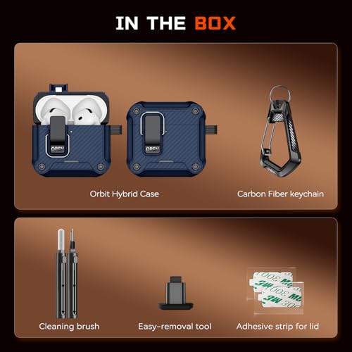 Image of Inesore for AirPods 4 Case with Secure Lock (Dark Blue) | Phone Stand Design,Compatible with MagSafe,Automatic Snap Switch Secure Cover Carbon Fiber Texture with Cleaner Kit