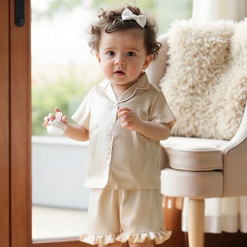 DuAnyozu Baby Girl Pjs Kids Feather Trim Short Sleeve Shirt Shorts Satin Pajama Set 4th of July Spring Little Girls Clothes2