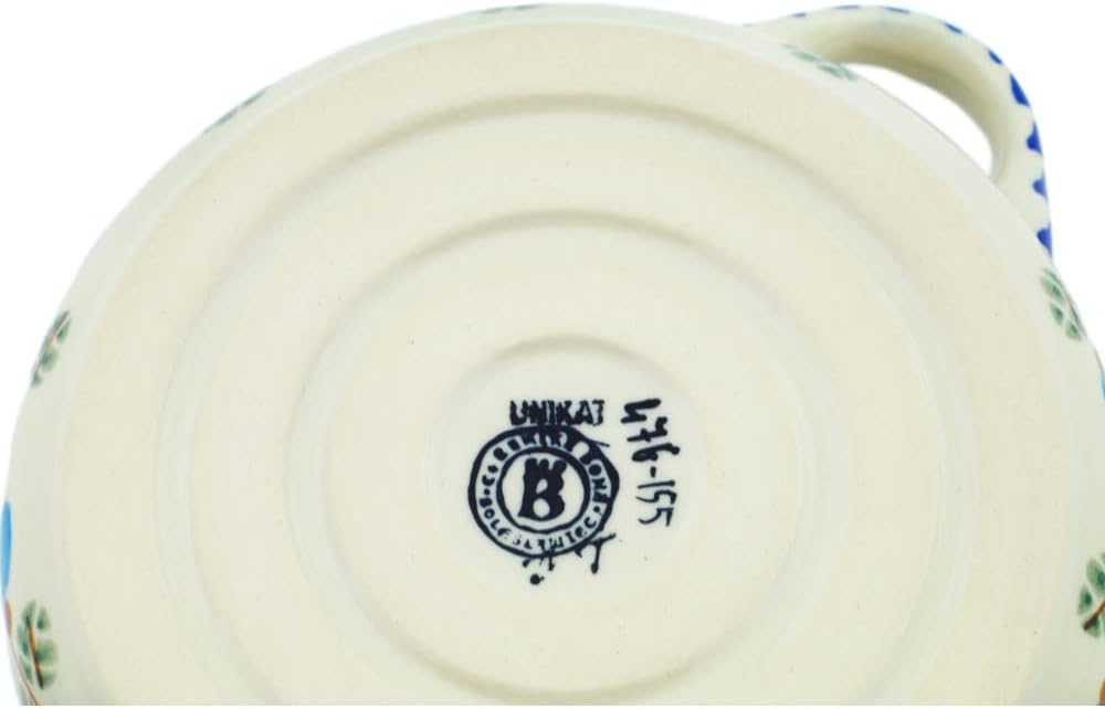 Polmedia Polish Pottery Round Baker with Handles - Blue Pansy Pattern Handmade in Boleslawiec Poland by Ceramika Bona + Certificate of Authenticity