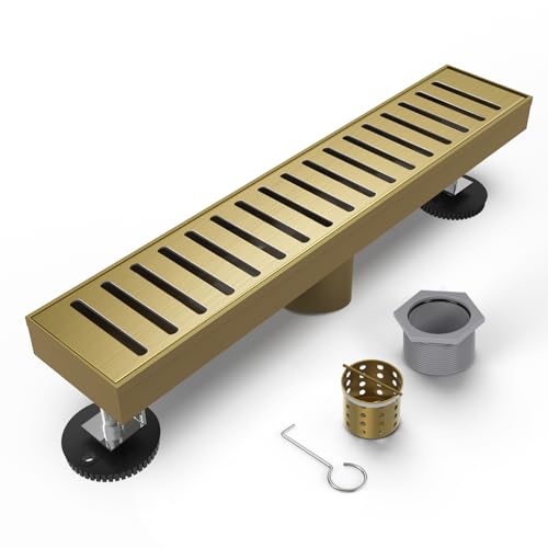 HTOH Gold Shower Drain 12 Inch, Modern Linear Shower Drain Brushed Gold