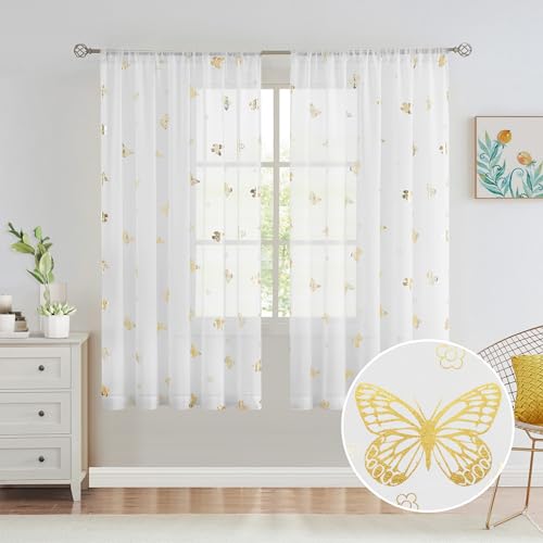 Jubilantex Butterfly White Sheer Curtain Panels for Kids Nursery Girl, Gold Print Toddler Linen Textured Voile Rustic Rod Pocket Drapes 63 Inch for Farmhouse, Living Room, Bedroom, 2 Panels