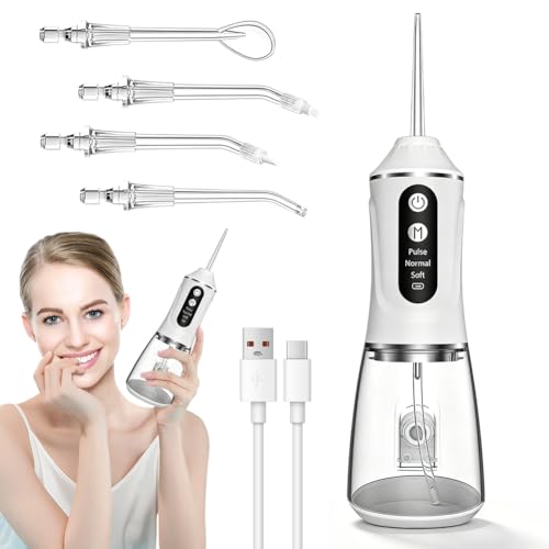 Irrigador bucal ganador de la prueba 2025, irrigador bucal inalámbrico con 3 modos, 380 ml Water Flosser con 4 boquillas, IPX7 resistente al agua y recargable por USB, eliminador de sarro portátil