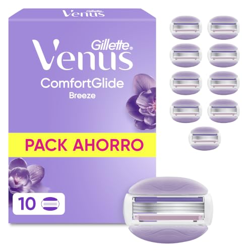 Gillette Venus Comfortglide Breeze, Recambios para Maquinilla de Afeitar para Mujer, Pack de 10 Cuchillas de Recambio con 3 Hojas para Una Depilación Suave, Apurada Y Duradera