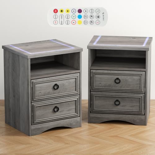 Night Stand Set of 2, Nightstands with LED Light, End Table Bedside Table with Wood Drawers, for Living Room, Bedroom, Sofa, Gray