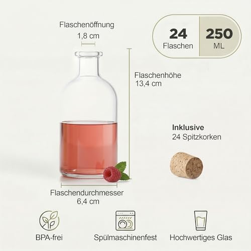 slkfactory 24 Glasflaschen 250ml Leere Likörflaschen 250 ml Apothekerflasche 0,25l mit Spitzkorken zum Befüllen Kleine Glas Flasche Korken Likör Schnaps Öl Essig Geschenk Weihnachten