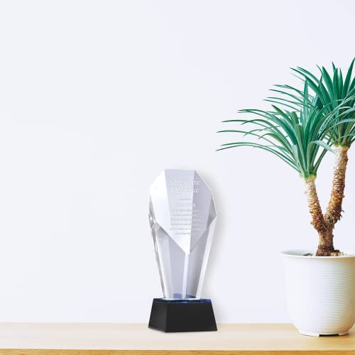 Baudville Custom Engraved Spotlight Crystal Trophy Award With Blue Accent - Comes With Elegant Black Gift Box - Staff Recognition #TOP1