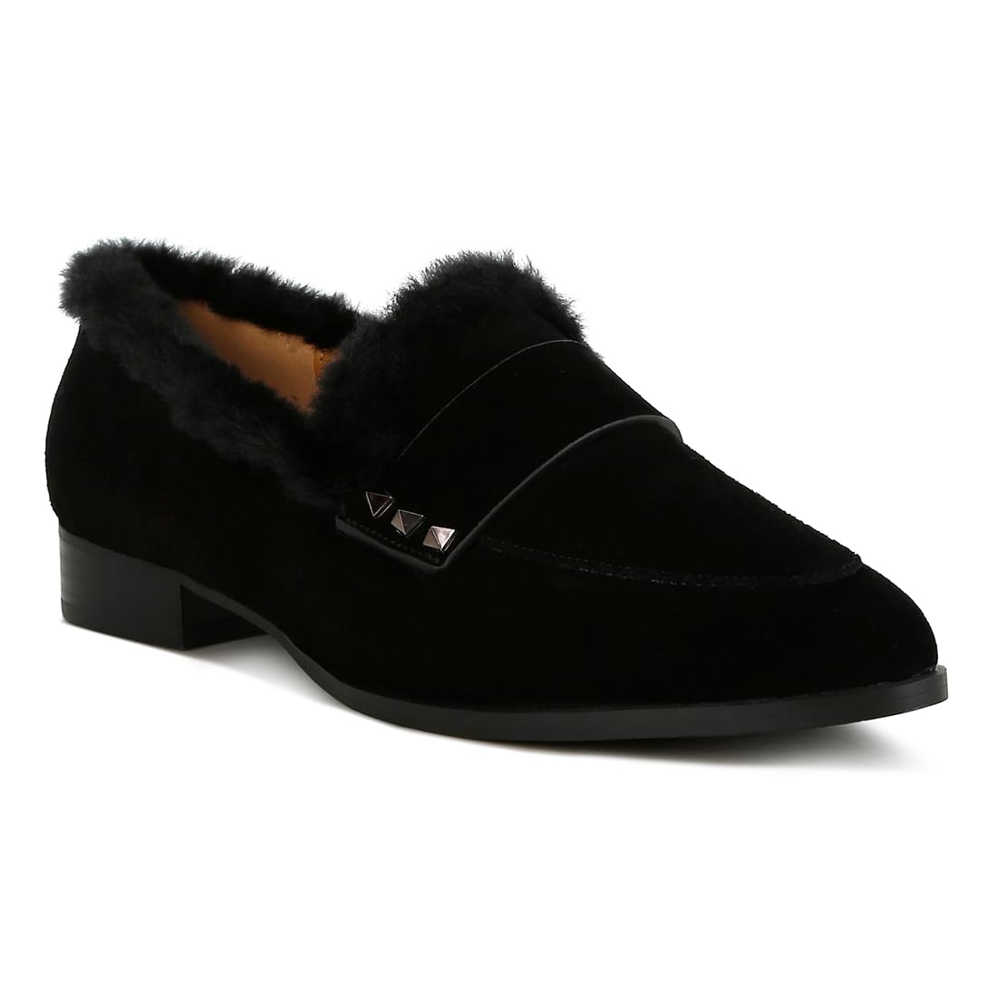 Fur Trim Suede Loafers Black-image-17