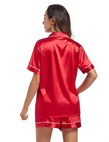 Image of Fivali Women Silk Satin Pajamas Set: Soft Short Sleeve 2 piece Pjs Ladies Button-down Pj Sets Silky Women's Sleepwear