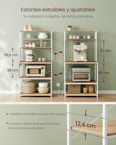 VASAGLE Estantería de Cocina con Enchufes, Estantería de Pie para Cocina, Estantería para Microondas, 6 Estantes y 6 Ganchos, Marco de Acero, 40 x 80 x 167 cm, Roble Dorado y Blanco Nube KKS119Y02 - imagen 8