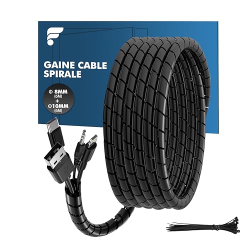 Shinfly 2×6m Cache Câble Gaine Spirale Flexible, Management pour Câble Électrique 6mm & 8mm, Tube d'Enroulement pour Bureau, TV, PC, USB, AUX - Noir