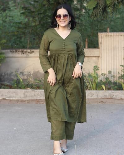 Image of Anarkali Kurta Pant Set for Women Long Flared V-Neck Kurta | Office & Casual Wear | 3 /4 Sleeve | Button Front | Karwa Chauth & Diwali Special Office wear