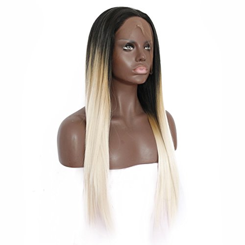 Ebingoo Long Straight Blonde Ombre Dark Roots Synthetic Front Lace Wig 24 inch