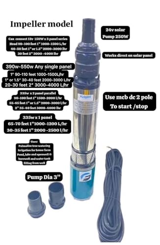 Image of FLOJOY Asian Pumps & Machineries Dc 24V 250W Solar Submersible Water Pump For Openwell & Borewell High Flow 3000-4000 L /Hr, 6 Impeller Pump Outlet 50Mm (3 Nozzle 1, 1.5 & 2 Inch) 90-100 Feet