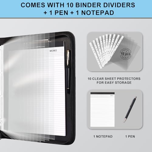 Image of Eshow Portfolio Organizer - 3 Ring Binder with Zipper, Vegan Leather Business Padfolio Folder with Notepad Includes 10 Clear Sheet Protectors for Documents Files for Men Women