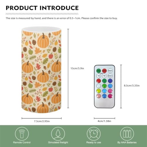 Image of Poceacles Flameless Candle Battery Powered with Remote Control 12 Colors 4 /8 Hours Timer LED Night Lights Pillar Candle Tealights Autumn Home Indoor Decor, Pumpkin Fall Leaves Print Beige