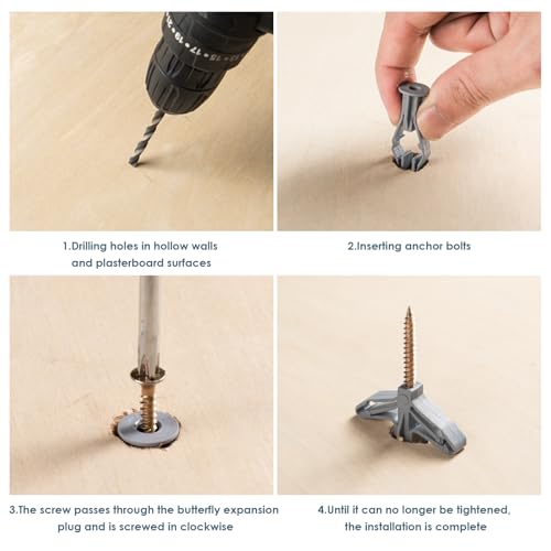 60-Pack Plasterboard Wall Plugs, Gypsum Board Fixing Anchors for Hollow Walls, Universal Heavy-Duty Drywall Anchors, Self-Expanding Gray Anchors, Anti-Rotation Expanding Plasterboard Screws - Image 3