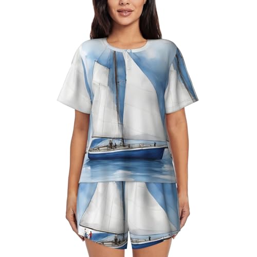 Pyjama manches courtes femme bleu marin motif voile haut de gamme