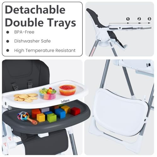 Image of INFANS High Chair for Babies and Toddlers, Foldable Highchair with 7 Different Heights 4 Reclining Backrest Seat 3 Setting Footrest, Removable Tray Built-in Rear Wheels with Locks
