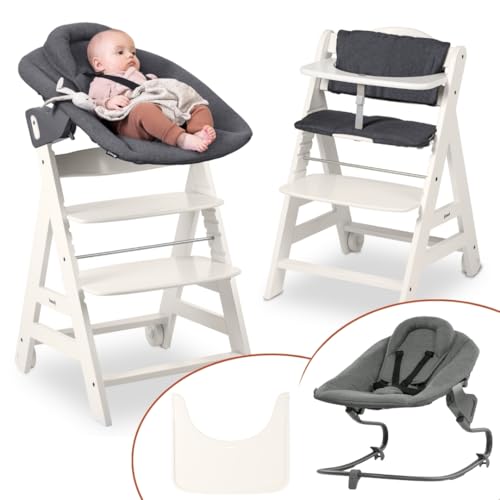 hauck Hochstuhl Beta+ Newborn Set Premium Dark Grey - Babyhochstuhl Set ab Geburt mit Neugeborenen Aufsatz Bouncer, Sitzpolster und Essbrett - Weiß