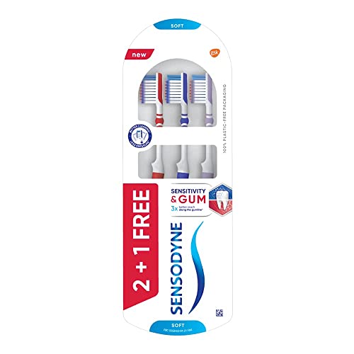 Image of Sensodyne Sensitivity & Gum Manual Toothbrush for adults with Soft Bristles & Duoflex Neck for Better Cleaning, Multicolor, 3N (2N + 1 N free)