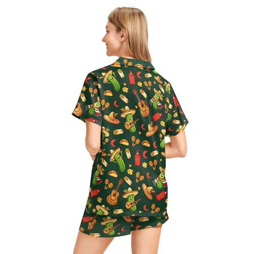 Image of Funny Pajamas for Women Set Print Satin Loungewear Pjs Short Sleeve Button Down Top and Shorts Sets Sleepwear XS-3XL