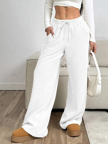 Image of Women's Trendy Korean Trouser with Pockets, Casual Corduroy Stretchable Baggy Loose || High Rise Elastic Waist Going Out Lounge Pants || Wide Leg Pants for Woman