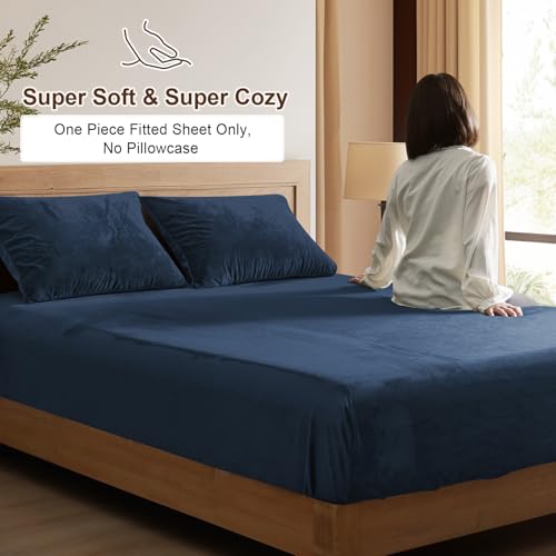 PHF Ultra Soft Velvet Fitted Sheet Twin Size, 16" Deep Pocket with Wider Stronger Elastic Band, Easy Fit Easy Care, 1 Pack Cozy Comfy Flannel Bottom Sheet for All Seasons, No Pillowcases, Navy Blue by PHF - Used condition - Image 4