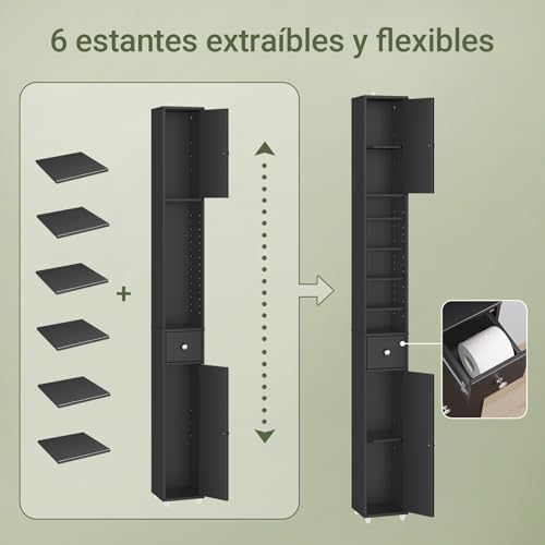 Miniatura 5 de Sobuy Mueble Columna De Baño Estrecho Armario Auxiliar De Baño En Mdf Resistente Al Agua Con Estantes Ajustables Y Cajón, Negro, 20x180x20cm, Bzr34-Ii-Sch