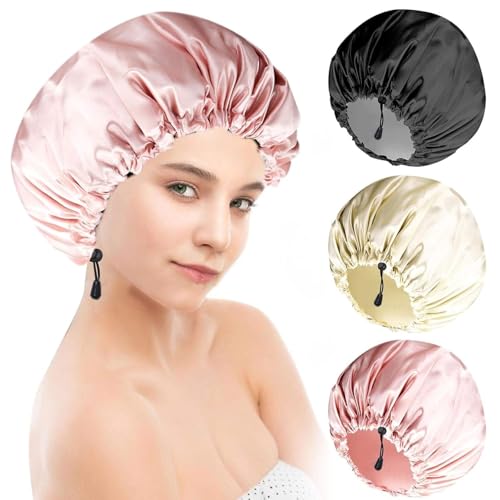 Image of Shower Cap For Women Men 3PCS Shower Caps For Women Waterproof Shower Cap, Reusable Shower Cap Long Hair Bonnet Set For Kids With Black Gold Pink Bath Cap. (F- Multi)