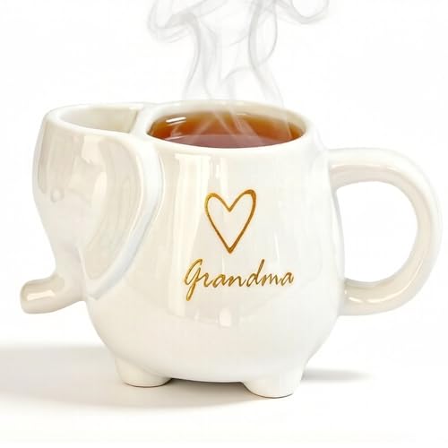 Web Launcher String Shooters Elephant Tea Mug with Grandma Text, 15 Ounce Ceramic Coffee Cup with Heart Design and Tea Bag Holder, White Stoneware Mug for Daily Use (Grandma, White)