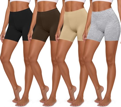 Eadflie Womens Cotton Boy Shorts - High-Waisted Anti-Chafing Stretch Biker Shorts Underwear 4-Pack - (Black/Coffee Brown/Deep Apricot/Heather Gray/M)